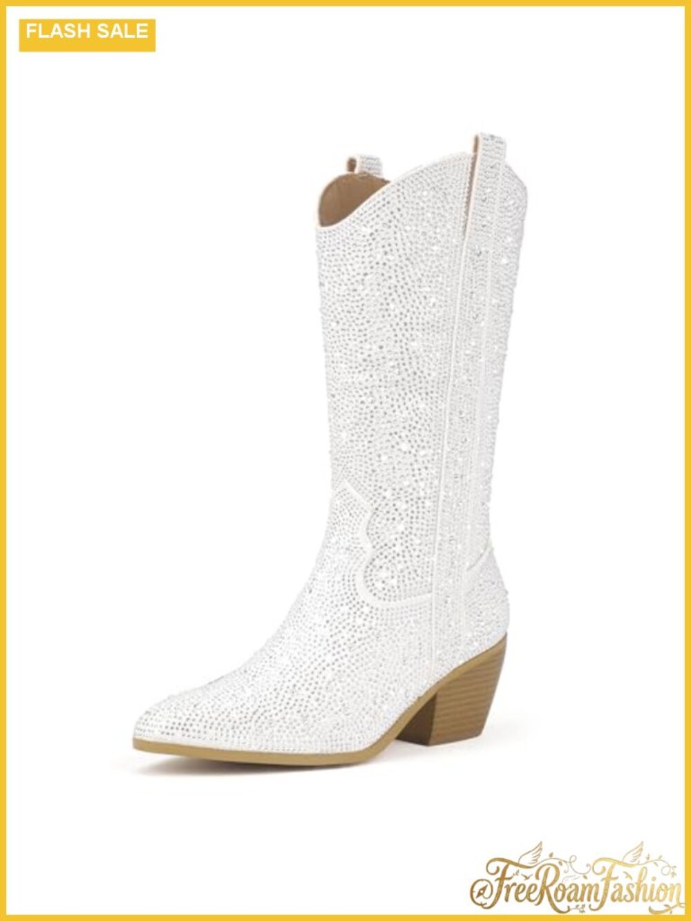 Rhinestone Mid Calf Western Cowgirl Boots Pointed Toe Block Heel